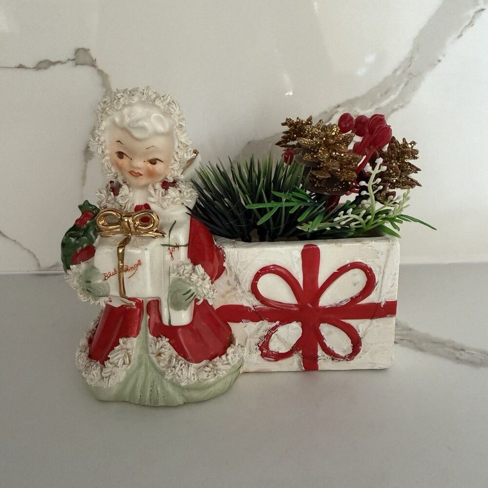 RARE! VINTAGE CHRISTMAS MCM NAPCO ANGEL PLANTER WITH SPAGHETTI ART *Damaged*